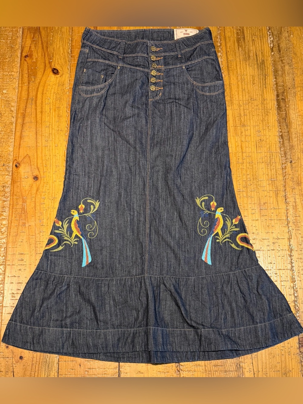 Vintage Brazilian Verbo Embroidered Dark Blue Denim Maxi Skirt - Button Front - Picture 3 of 11